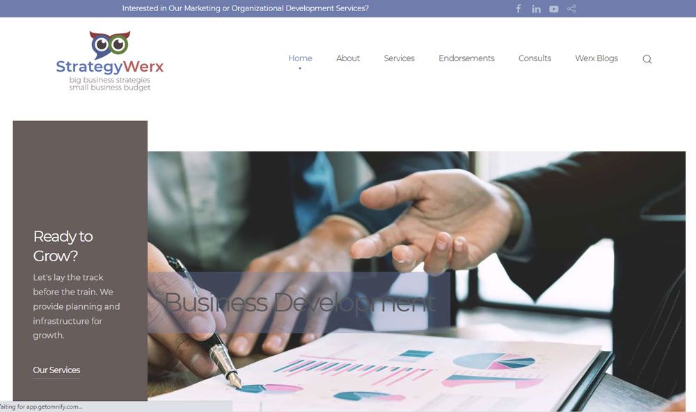 A screen shot of the StrategyWerx website home page with the headline "Ready to Grow?"