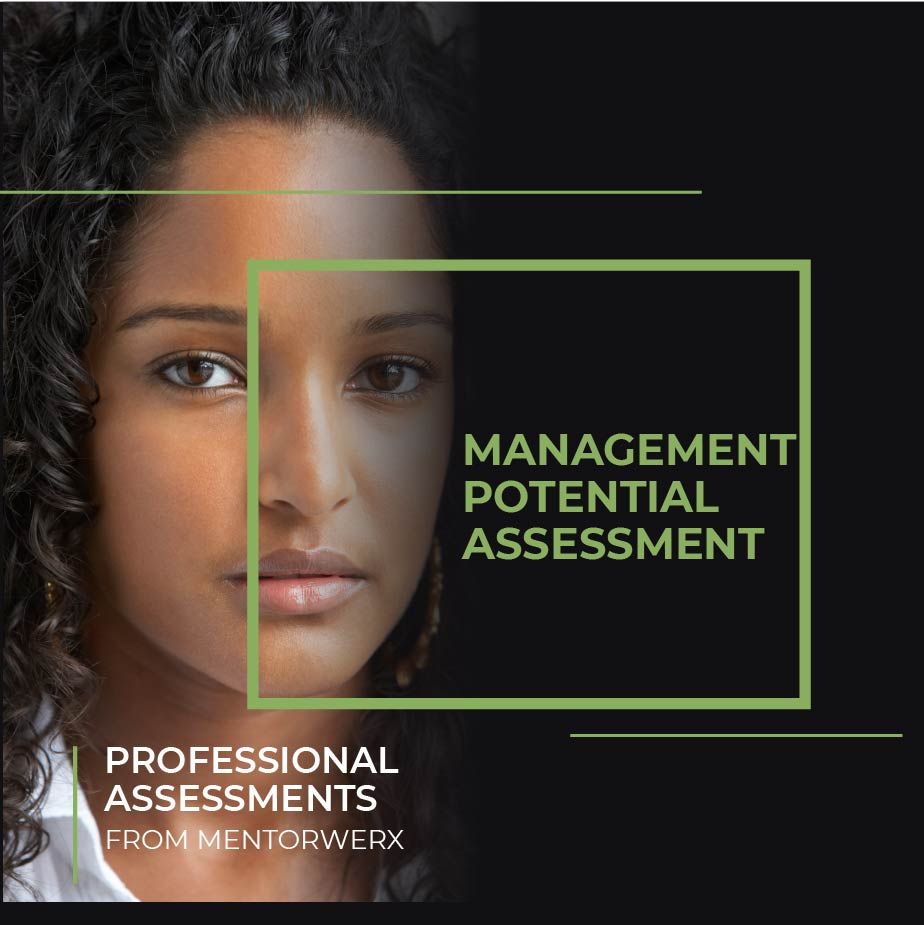 A graphic with a woman's face and the words "Management Potential Assessment."